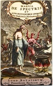 Feiticeiras preparando poções observadas pelos demônios, frontispício de "Magica de spectris et apparitionibus spiritu de vaticiniis, divinationibus", de Henningus Grosius de Unknown artist