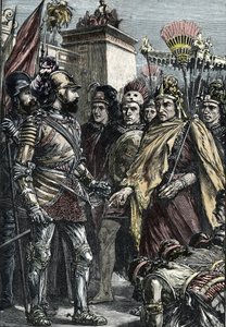 Conquista espanhola do México: encontro entre Hernan Cortes e Montezuma II em 1519 de Unknown artist