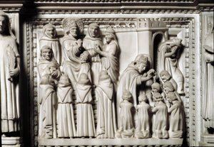 Arca de Santo Agostinho com as relíquias do santo, detalhe do relevo mostrando a disputa e o batismo por Santo Agostinho. Escultura em mármore de Unknown artist