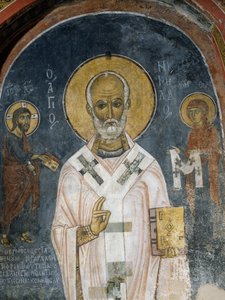 São Nicolau de Myra, fresco (século XII), Igreja de Ayios Nikolaos tis Steyis (São Nicolau de Telhado) (século XI) (Lista do Património Mundial da Unesco, 2001), Montanhas de Troodos, Chipre de Unknown artist