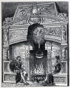 Vapor e calor solar: Lareira Eolipyl, vapor e sistema de máquinas de reacção originalmente concebidos por Heron of Alexandria (80 BC). Gravura em "La Nature". de Unknown artist