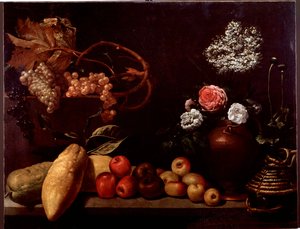 Natureza morta com rosas, flores de arbustos, limões e uvas (pintura de Unknown artist