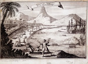 Surpresa dos índios no desembarque de Cristóvão Colombo em Guadalupe (caravelas) - gravura de Unknown artist
