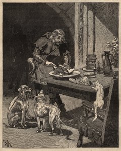 Arte de mesa: corta a comida antes da chegada do garfo. Um homem segura a carne com uma folha de papel numa mão e usa a sua faca na outra. Gravura de 1885 em "Les arts et metiers illustres" de Adolphe BITARD. de Unknown artist
