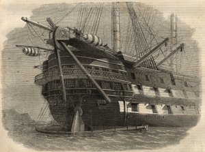 Telegrafia: vista da popa do navio H.M.S. "Agamemnon" que vai colocar o primeiro cabo transatlântico. Gravação no "The Illustrated London News" de 5 de Junho de Unknown artist