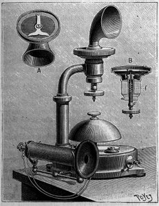 Telefonia na Suécia: modelo de um telefone da Ericsson Company. Gravura em "La Nature: Revue des sciences et de leurs applications aux arts et a l