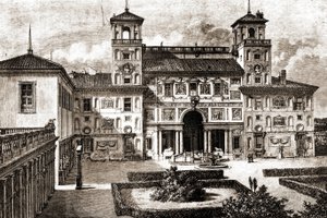 Terraço e Fachada da Villa Medicis. Viagem de Francis Wey 1864-1869 em Tour du monde 1870 1º semestre. de Unknown artist