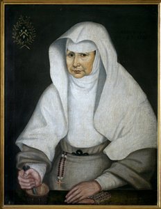 A boticária Irmã Pierrette Monnet (1557-1628), do Hotel Dieu de Beaune. Representada com um almofariz e o seu pilão tem a mão. Pintura anónima, óleo sobre tela de Unknown artist