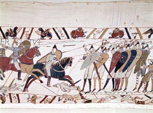 A Batalha de Hastings, ganha por Guilherme I o Conquistador (1027 - 1087) em 14/10/1066 e durante a qual morreu o Rei Harold II da Inglaterra (1022 - 1066). A tapeçaria Bayeux, conhecida como Bordado da Rainha Mathilde de Unknown artist