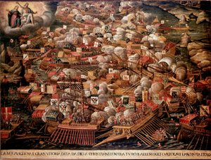 A Batalha de Lepante, ao largo da costa da Grécia, opôs-se a uma força espanhola, veneziana e papal aos otomanos em 1571. Pintura anónima. Século XVI. Veneza Museo Correr de Unknown artist