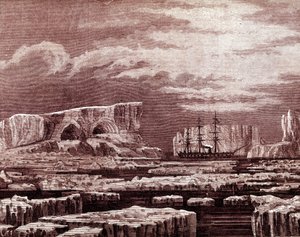 O barco Challenger no meio do icebergue. de Unknown artist