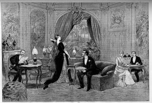 O Conde de Riverolles, Francine, Stanislas de Grandredon, Therese Smith e Henri de Simeux, personagens da peça "Francillon", comédia de Alexandre Dumas (1824-1895) representada na Comedie-Francaise (1887) em Paris. Gravura em "Le monde illustriou de Unknown artist