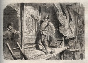 A Morte de Jean Goujon (1510-1562 ou 1569), morreu segundo uma lenda em 1572, durante o Saint Barthelemy - gravura em "Dictionnaire populaire illustrious" - 1864 - de Joseph Decembre e Edmond Allonier - de Unknown artist