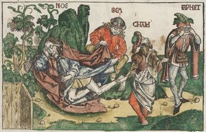The Drunkenness of Noah, c.1483-95 (xilogravura colorida à mão) de Unknown artist