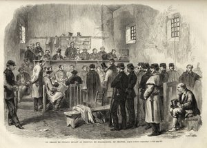 A Insurreição Feniana, Inquérito ao Sr. Cleary no Tribunal de Kilmallock - 1867 - Um julgamento de Fenians no Tribunal de Kilmallock na Irlanda - 1867 - gravura de "The Illustrous Universe" de 1867 de Unknown artist