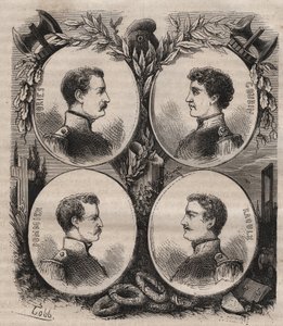Os Quatro Sergentos (Jean Francois Bories (1795-1822), Jean Joseph Pommier (1796-1822), Marius Claude Raoulx (1797-1822)) e Charles Goubin (1798-1822) de La Rochelle acusados sob a Restauração de quererem derrubar a monarquia e as guilhotinas em 1822 de Unknown artist
