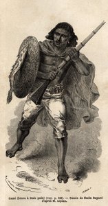 O Jogo, ou corajoso tem três cabelos, soldado abissiniano de armas. Engravure pour illustrrer le voyage en Abyssinie, en 1862 by Guillaume Lejean, in "Le tour du monde, nouveau journal des voyages" publicado sob a direcção de Edouard Charton de Unknown artist
