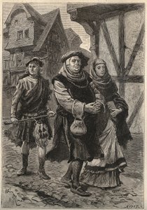 O Gartier (O Glover) acompanhando sua filha à igreja - ilustração do século XIX para o romance histórico "The Pretty Girl of Perth" ou Dia dos Namorados (ou A bela criada de Perth) por de Unknown artist