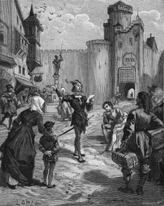 O cavaleiro, poeta e humanista alemão Ulrich von Hutten (1488-1523) declamando um de seus poemas na rua. Gravura do século XIX. Em "Histoire de France", de Jules Michelet de Unknown artist