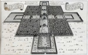 A Corte Imperial de Pequim (Cidade Proibida) - em "The Embassy of the Eastern Company of the United Provinces towards the Emperor of China or Grand Cam of Tartaria" por Pierre de Goyer e Jacob de Keyser, Leiden de Unknown artist