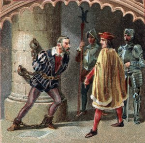 O Rei da França Luís XII tem Ludovic Marie Sforza, conhecida como a Mais (Ludovico Maria Sforza detto il Moro) (1452-1508) trancada no castelo de Loches, em Touraine. Cromolitografia do final do século XIX de Unknown artist