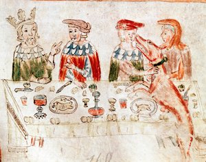 O Rei dos Francos Pepin III o Brief (714-768) e seu filho Carlos Magno num banquete em miniatura de um manuscrito do século XII. Veneza. Biblioteca nazionale marciana. de Unknown artist