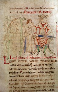 A Justiça do Rei Entre 1098 e 1109 Uma coroa de reis sentada num trono e segurando uma espada, ao lado de uma cena de enforcamento. Página retirada de um manuscrito "Comentários de São Jerônimo". de Unknown artist