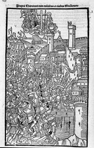 Os Cavaleiros de Rodes (a Ordem dos Hospitaleiros de São João de Jerusalém) atacando Rhode Island em "Rhodiorum Historia" de Guilelmus Caorsin, Ulmae, Joh. Reger, 24 de outubro de Unknown artist