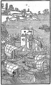 Os Cavaleiros de Rodes (a Ordem dos Hospitaleiros de São João de Jerusalém) atacando Rhode Island em "Rhodiorum Historia" de Guilelmus Caorsin, Ulmae, Joh. Reger, 24 de outubro de Unknown artist