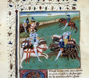 Os Cavaleiros da Mesa Redonda participando de um torneio cavalheiresco. Miniatura do manuscrito "O romance de Tristão", do Mestre Charles do Maine. de Unknown artist