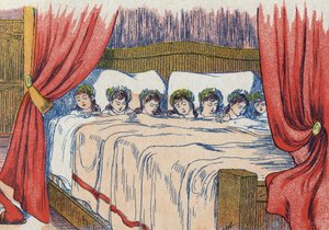 O Pequeno Polegar e seus irmãos dormem, coroa em sua cabeça. Ilustração para "Le Pepetit poucet", conto de Charles Perrault (1628-1703), escritor francês. Ilustração anônima. Imagery Marcel Vagne, Jarville Nancy, sem data (final do século XIX). de Unknown artist