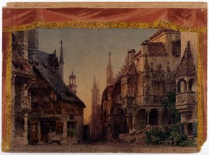 The Meistersinger von Nurnberg (Les Maitres Chanteurs de Nuremberg), WWV 96, ópera de Richard Wagner, criada em 1868. Cenografia de Ferrario para La Scala em Milão de Unknown artist