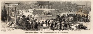 O campo de escudeiros Mikado (Imperador do Japão) em Kioto (ou Kyoto), pista de treino e treino para cavalos imperiais. Gravura para ilustrar a viagem ao Japão, em 1863-1864, de Aime Humbert, ministro da Confederação Suíça, em "Le tour du monde, nouveau de Unknown artist