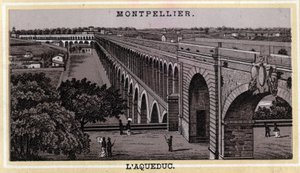 O Montpellier Acqueduc (Herault, região de Languedoc-Roussillon). Cromolitografia do final do século XIX. de Unknown artist