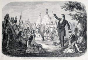 O Profeta Mórmon Joseph Smith pregando aos índios (América do Norte). Ilustração do século 19. de Unknown artist
