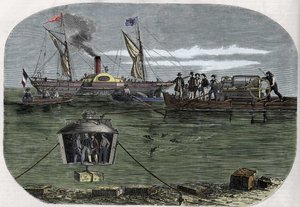 O sino de mergulho "Nautilus" do Dr. Antoine Prosper Payerne experimentou no Sena, Paris, e depois aperfeiçoou-se nos Estados Unidos. Gravura (1858) em Le "Monde illustrious". de Unknown artist