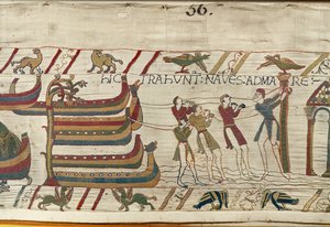 Os normandos puxam seus navios para o mar, Bayeux Tapestry (bordado de lã em linho) de Unknown artist
