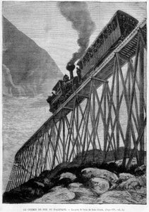 A Ferrovia do Pacífico na Ponte de Madeira de Dale Creek - gravura, final do século XIX de Unknown artist