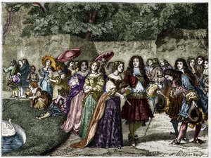O Rei Sol (Luís XIV, nos jardins de Versalhes, rodeia o seu pátio). Gravura do século XIX. de Unknown artist
