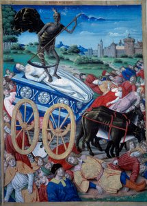 O Triunfo da Morte. Representação alegórica da Morte com uma falsificação no engate, os cadáveres jazem no chão. Miniatura de "Triunfos, sonetos e canções" de Petrarca (Francesco Petrarca de Unknown artist
