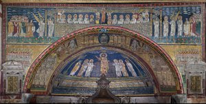 A Visão de Jerusalém Celestial: Os Eleitos são recebidos pelos anjos. Abaixo, o cordeiro de Deus. Detalhe. Mosaico por volta de 830. Arco Triunfal da Basílica de Santa Prassede, Roma. de Unknown artist