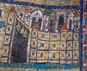 A Visão de Jerusalém Celestial: detalhe de Jerusalém representado em citação fortificada. Mosaico por volta de 830. Arco Triunfal da Basílica de Santa Prassede, Roma. de Unknown artist