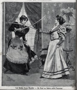 O rescaldo de uma rivalidade: um duelo de espadas entre mulheres. A gravura em "Le Parisien". de Unknown artist