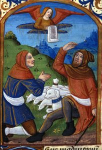 O anjo anuncia aos pastores o nascimento de Jesus. Manuscrito do século XV. Biblioteca Nazionale Braidense, Milão de Unknown artist