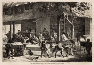 A animação de uma casa e as atividades da rua. Gravura para ilustrar a viagem ao Japão, em 1863-1864, de Aime Humbert, ministro da Confederação Suíça, no "Le tour du monde, nouveau journal des voyages" publicado sob a direção de Unknown artist