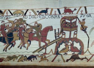 As armees de Guilherme o Conquistador (1027-1087) foram lutar contra o Duque da Bretanha, chegando a Bayeux. Haroldo acaba de ser nomeado cavaleiro por Guillaume Detalhe da Tapeçaria Bayeux ou Bordado da Rainha Mathilde. de Unknown artist
