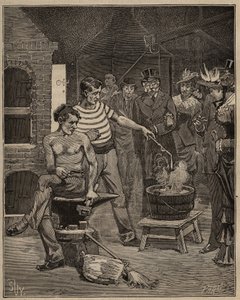 A arte do vidro: experiência de lágrimas batávicas. Gotas de vidro derretido são lançadas num banho de água fria, que congelam sob a forma de lágrimas. Gravura de 1885 em "Les arts et metiers illustres" de Adolphe BITARD. de Unknown artist