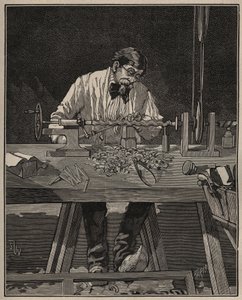 A arte do torno: facetamento de uma coluna de tronco. Gravura de 1885 em "Les arts et metiers illustres" de Adolphe BITARD. de Unknown artist