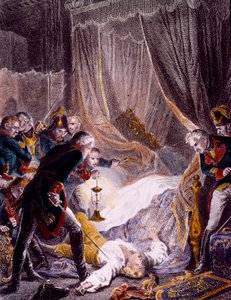 O assassinato de Paul I Petrovich (1754-1801), czar russo no seu quarto no Palácio de São Miguel, depois de ter sido forçado a assinar a sua abdicação. Gravado por volta de 1801. Coleção Privada de Unknown artist