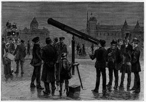 O astrônomo e sua luneta astronômica na Place du Chatelet, em Paris, na época das observações do planeta Vênus, em fevereiro de 1889. Gravura em "La Nature". Revue des sciences et de ses applications aux arts et a l